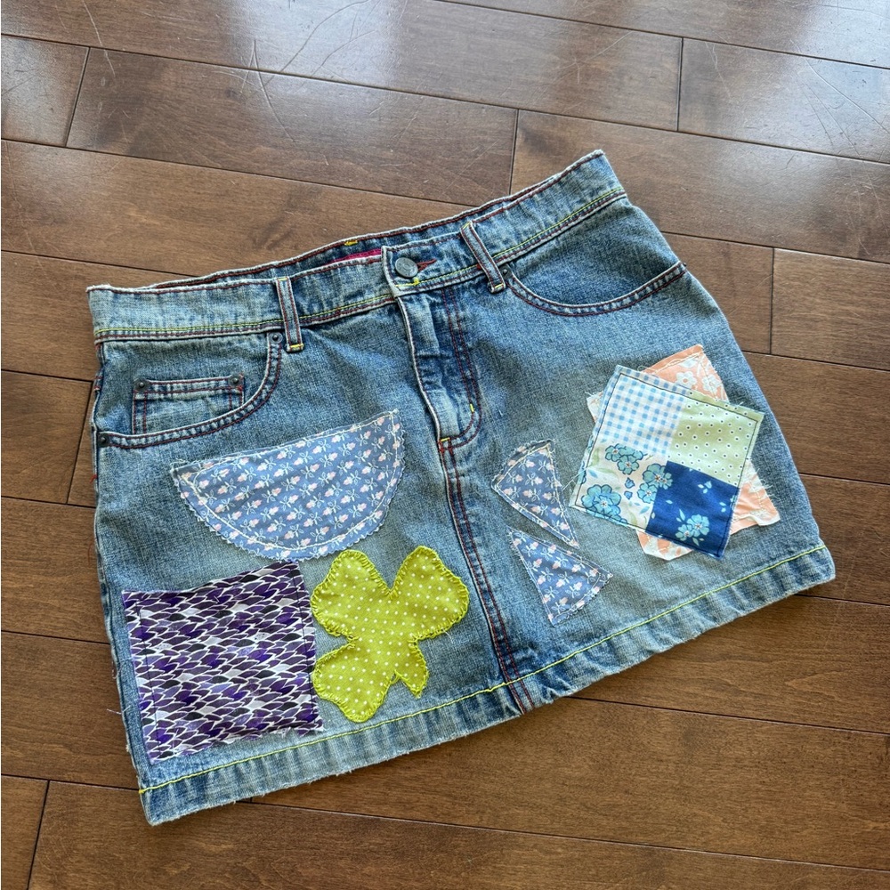 SO Denim Mini Skirt with Colorful Patchwork